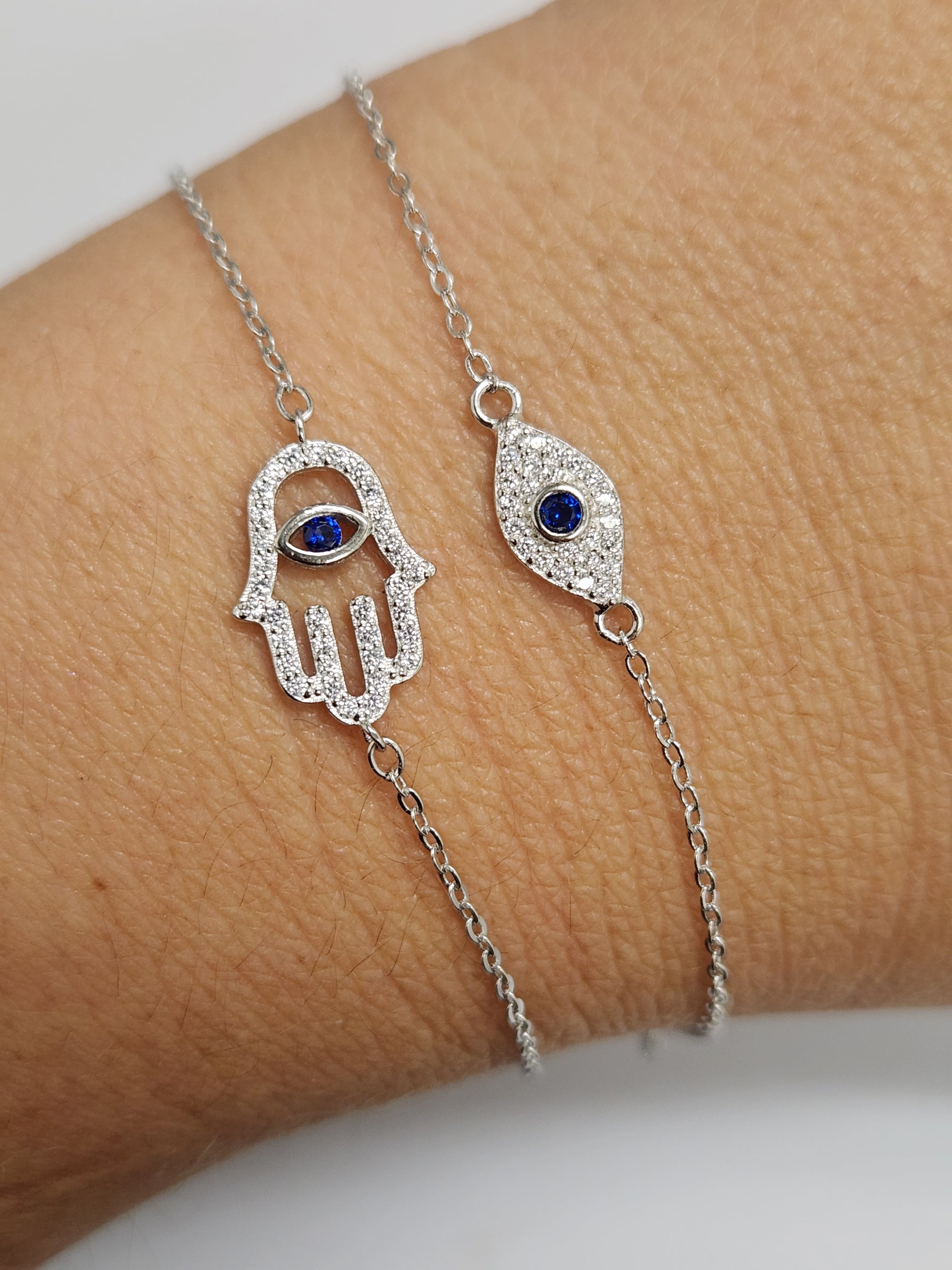 Hamsa Evil Eye Sterling Silver CZ bracelet blue white