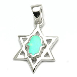 Sterling Silver Jewish Star of David Hamsa Opalite Pendant - JewelryJudaica