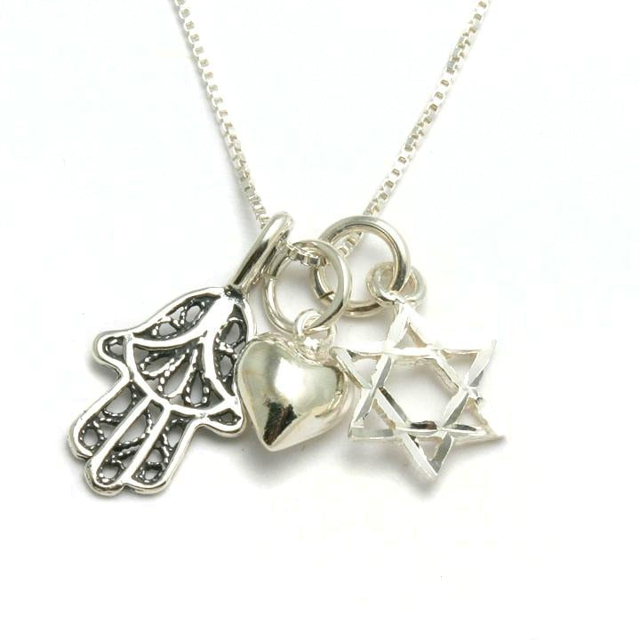 Sterling Silver Hamsa Heart Star of David Charm Necklace - JewelryJudaica