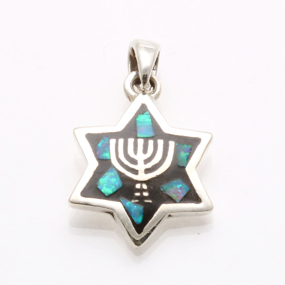 Sterling Silver Opal Star of David Menorah Pendant - JewelryJudaica