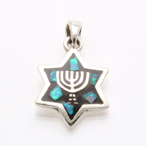 Sterling Silver Opal Star of David Menorah Pendant - JewelryJudaica