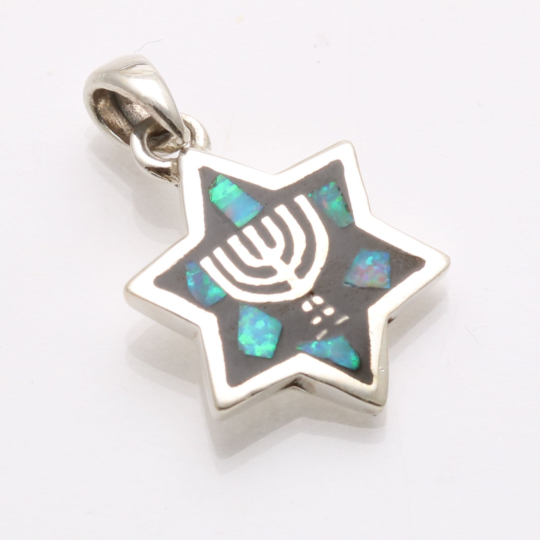 Sterling Silver Opal Star of David Menorah Pendant - JewelryJudaica