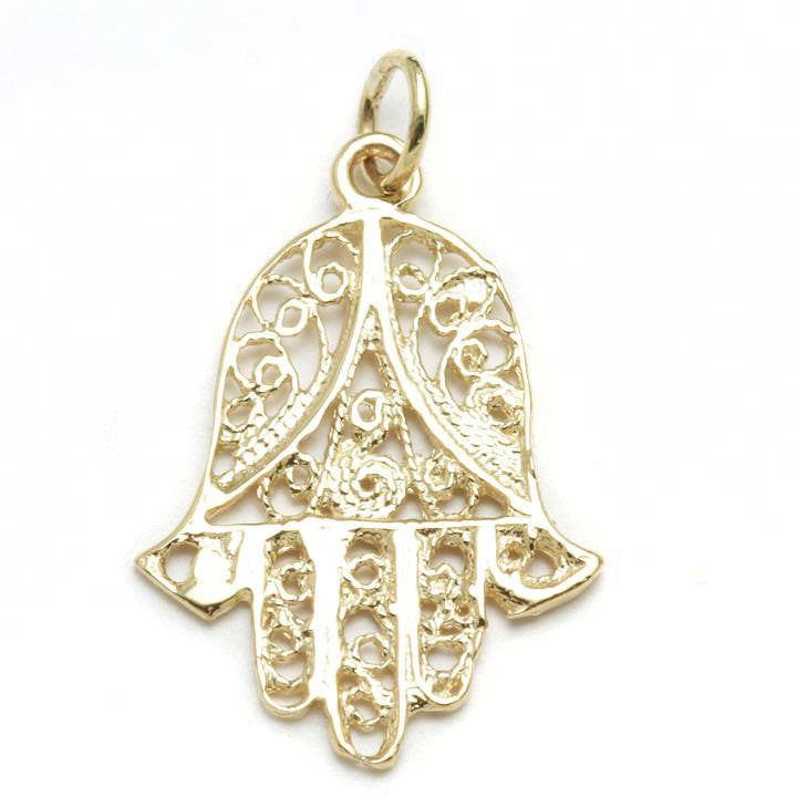 14k Yellow Gold Filigree Hamsa Pendant Yemenite - JewelryJudaica