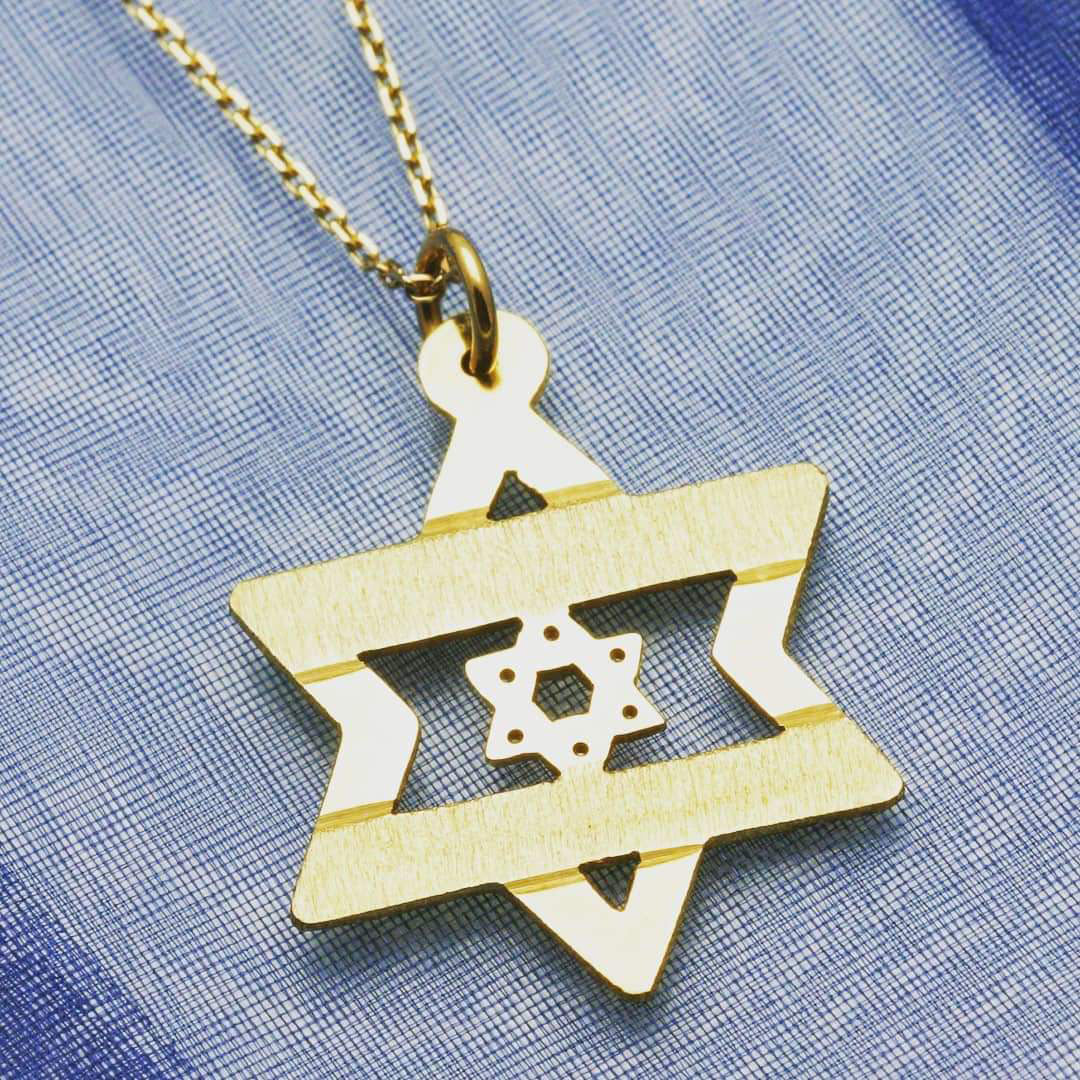 14k Yellow Gold Jewish Israeli Flag Star of David Pendant Large