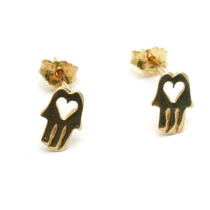 14k yellow gold Hamsa Heart Stud Earrings - JewelryJudaica