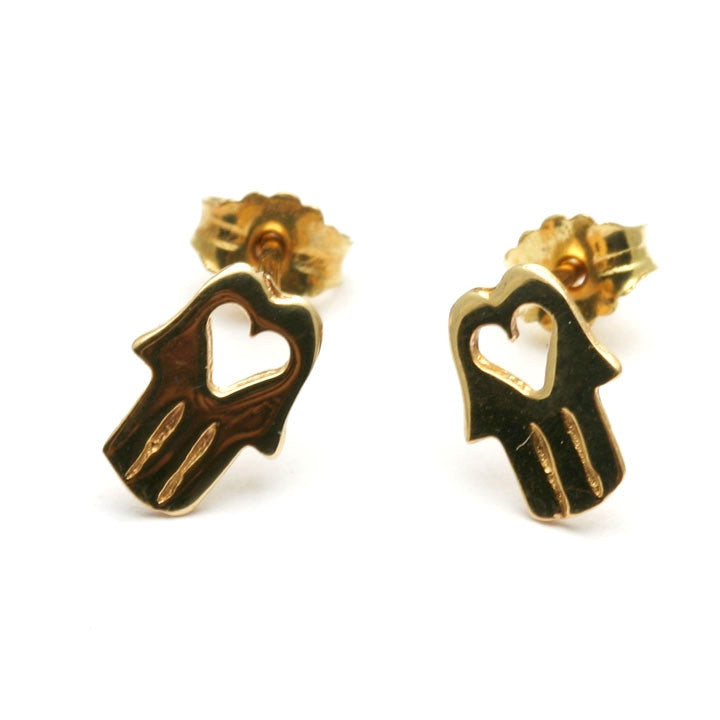 14k yellow gold Hamsa Heart Stud Earrings - JewelryJudaica