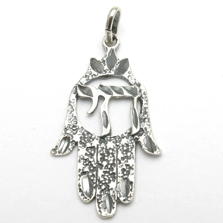 Sterling Silver Hamsa Chai Pendant Oxidized - JewelryJudaica