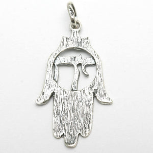 Sterling Silver Hamsa Chai Pendant Oxidized - JewelryJudaica