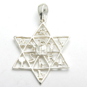 Sterling Silver 12 Tribes Jewish Star of David Pendant Large - JewelryJudaica