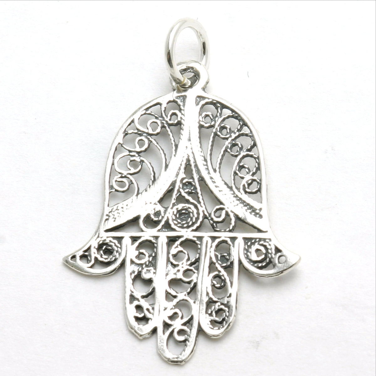 Sterling Silver Filigree Hamsa Pendant Hand Oxidized - JewelryJudaica