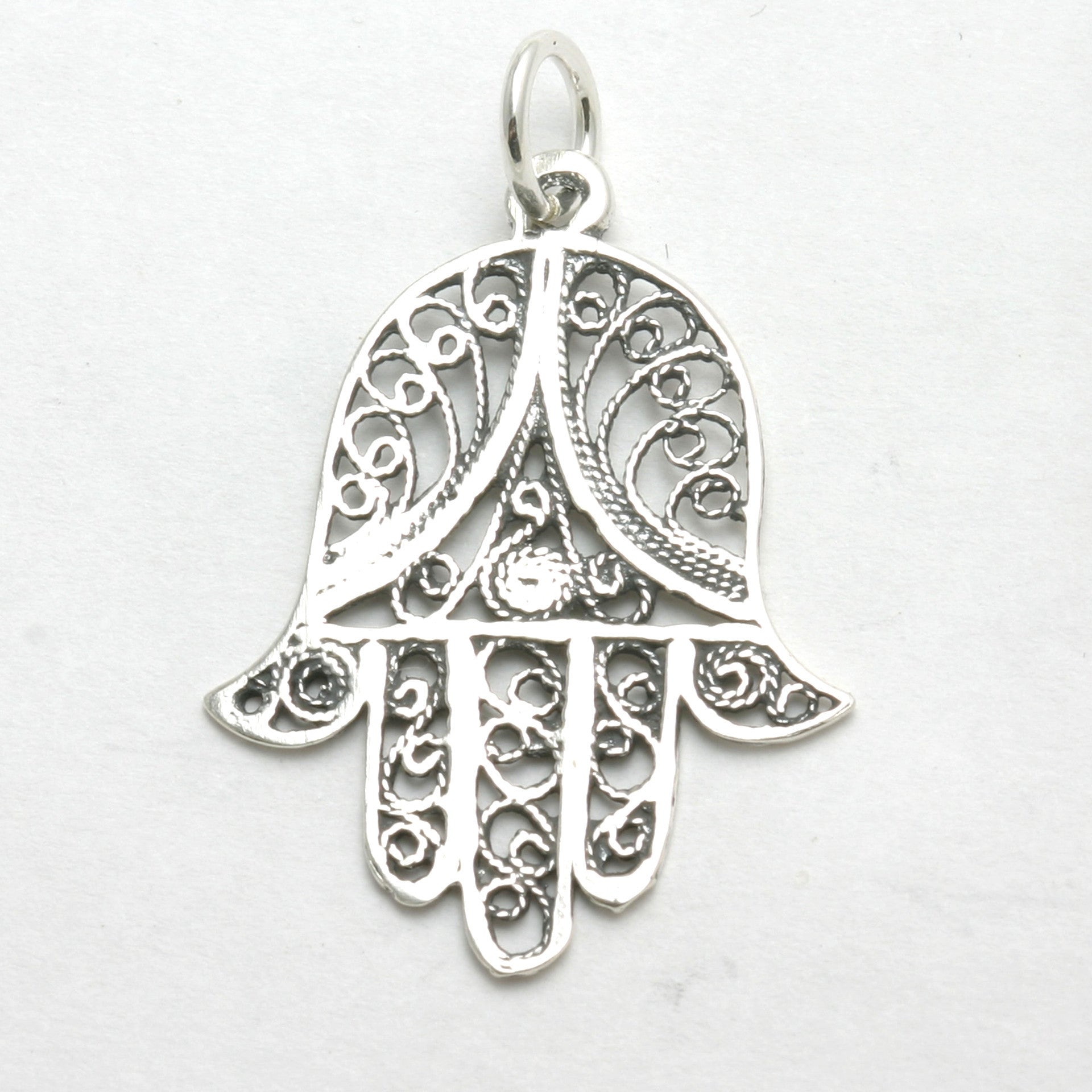 Sterling Silver Filigree Hamsa Pendant Hand Oxidized - JewelryJudaica