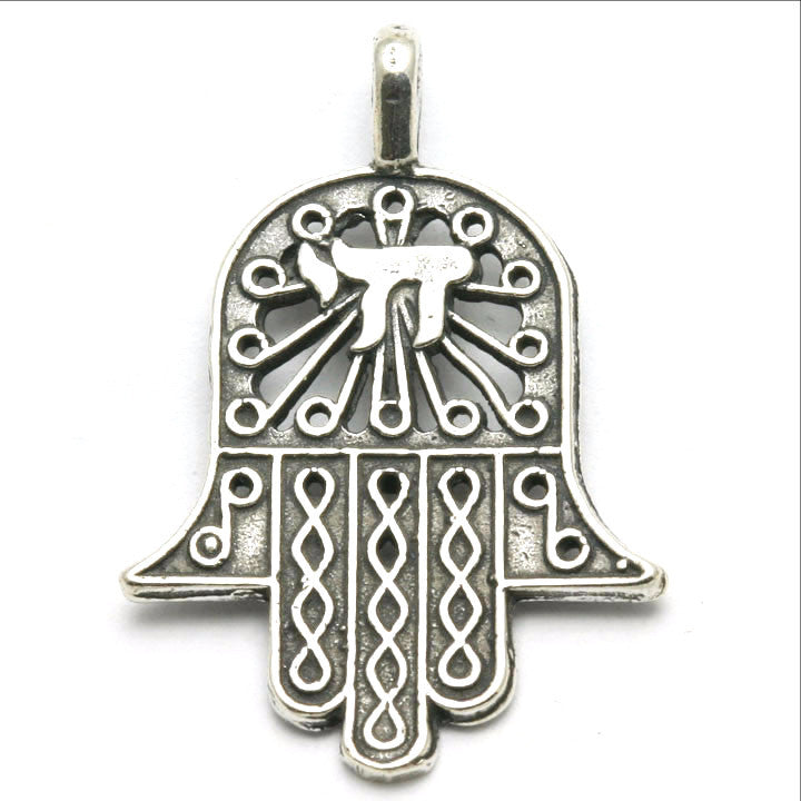 Sterling Silver Hamsa Chai Pendant Oxidized Pendant - JewelryJudaica