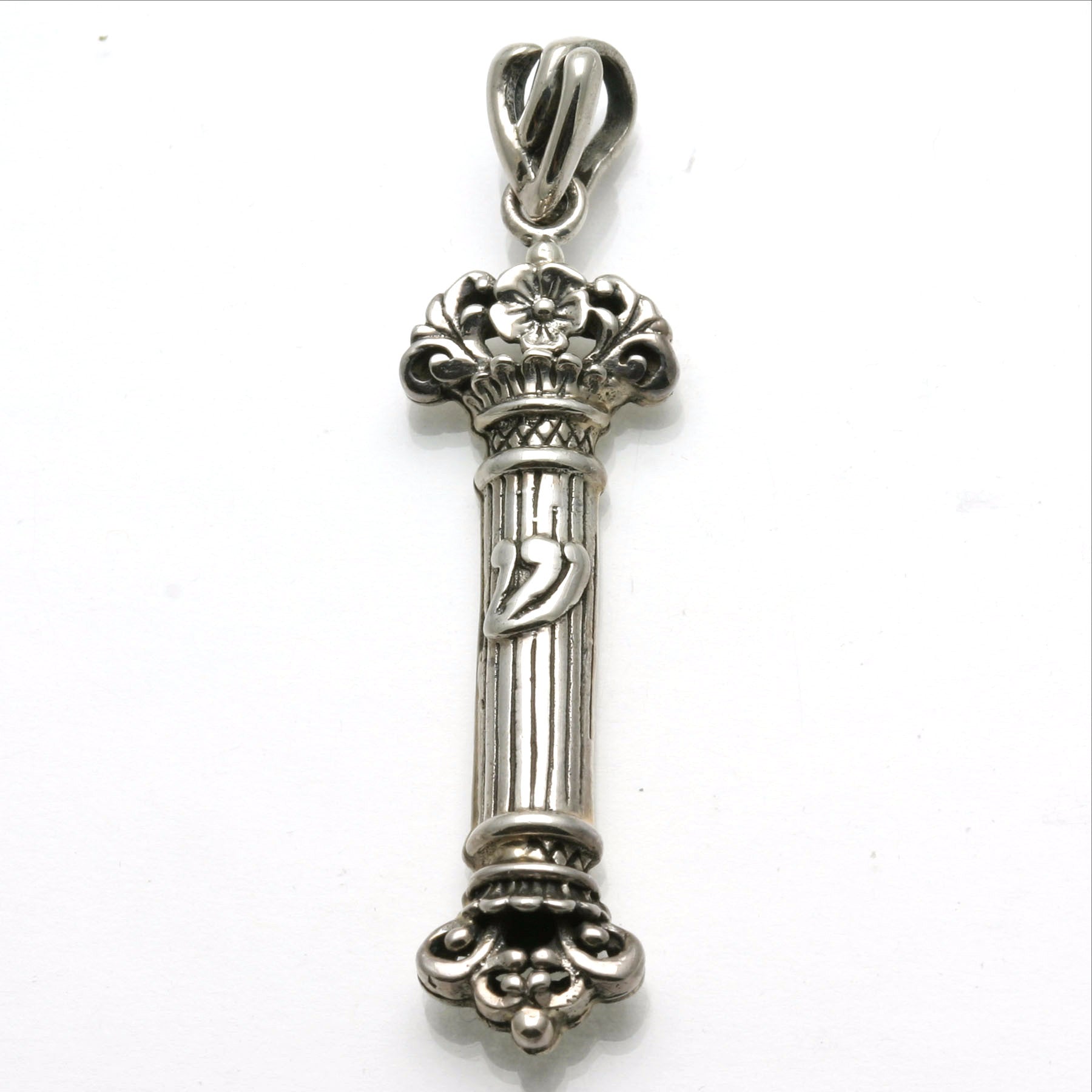 Sterling Silver Mezuzah Shin Flower Pendant Oxidized Large - JewelryJudaica