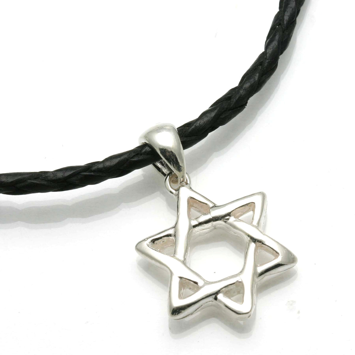 Sterling Silver Woven Star of David Black Leather Necklace - JewelryJudaica