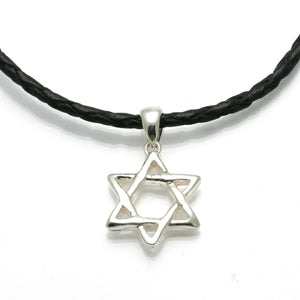 Sterling Silver Woven Star of David Black Leather Necklace - JewelryJudaica