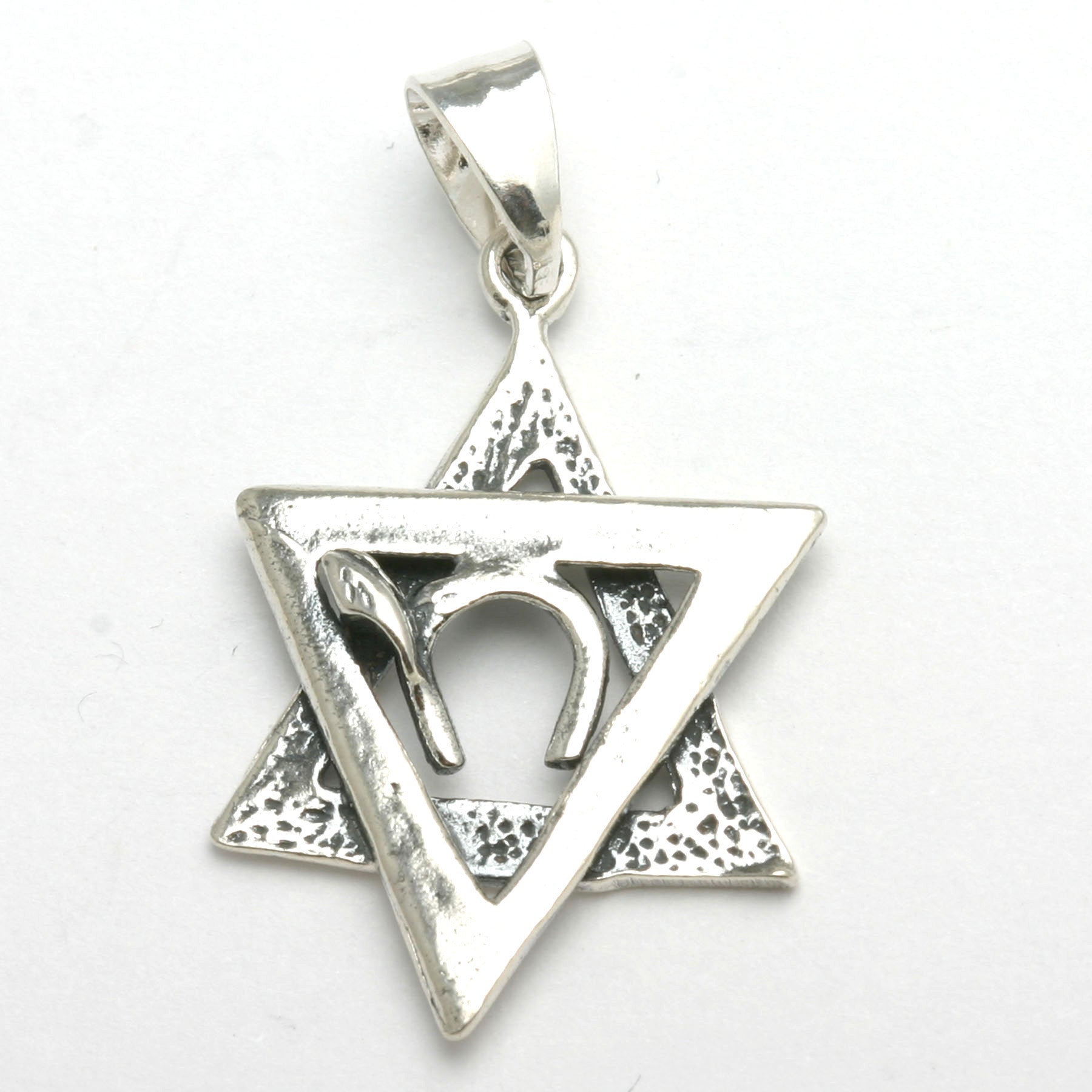 Sterling Silver Star of Pendant Chai Modern Oxidized - JewelryJudaica