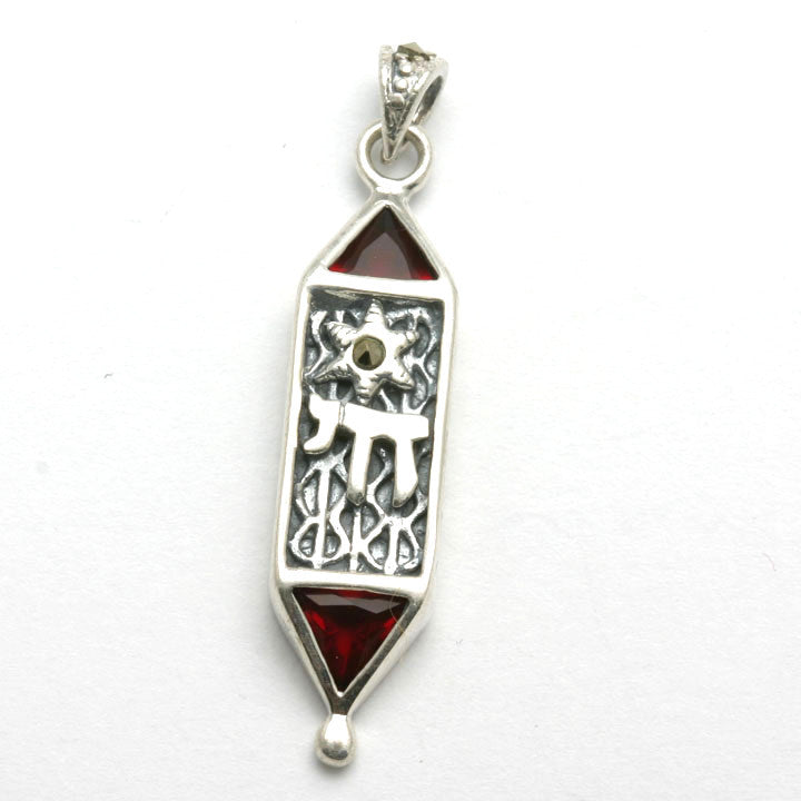 Sterling Silver Mezuzah Pendant Gemstone Marcasite Star - JewelryJudaica