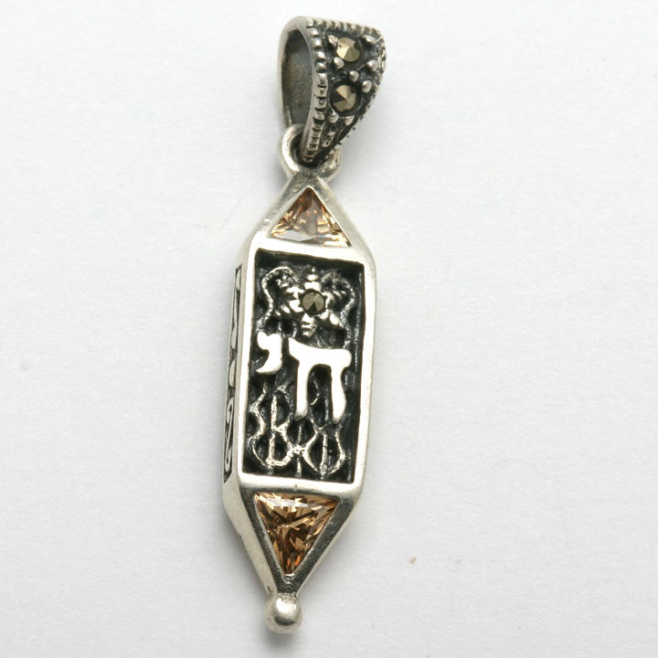 Sterling Silver Mezuzah Pendant Gemstone Marcasite Star - JewelryJudaica