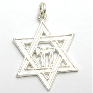 Sterling Silver Star of David Chai Pendant Large - JewelryJudaica