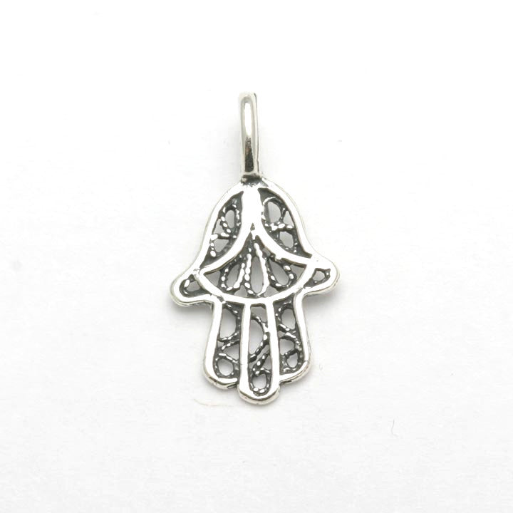 Sterling Silver Filigree Hamsa Pendant Small Oxidized - JewelryJudaica