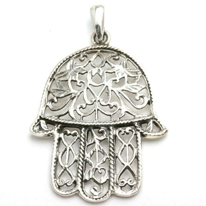 Sterling Silver Hamsa Filigree Pendant Large Oxidized - JewelryJudaica