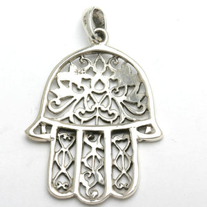 Sterling Silver Hamsa Filigree Pendant Large Oxidized - JewelryJudaica