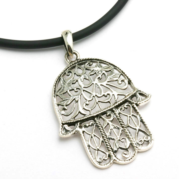 Sterling Silver Hamsa Filigree Large Oxidized Necklace Black Cord - JewelryJudaica