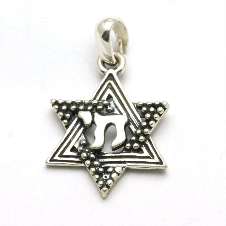 Sterling Silver Star of David Chai Pendant Oxidized Small - JewelryJudaica