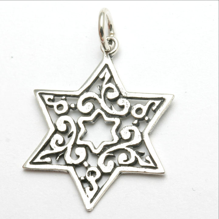 Sterling Silver Star of David Filigree Pendant Oxidized Large - JewelryJudaica