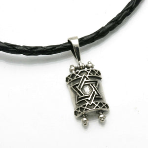 Sterling Silver Torah Star of David Black Leather Necklace - JewelryJudaica