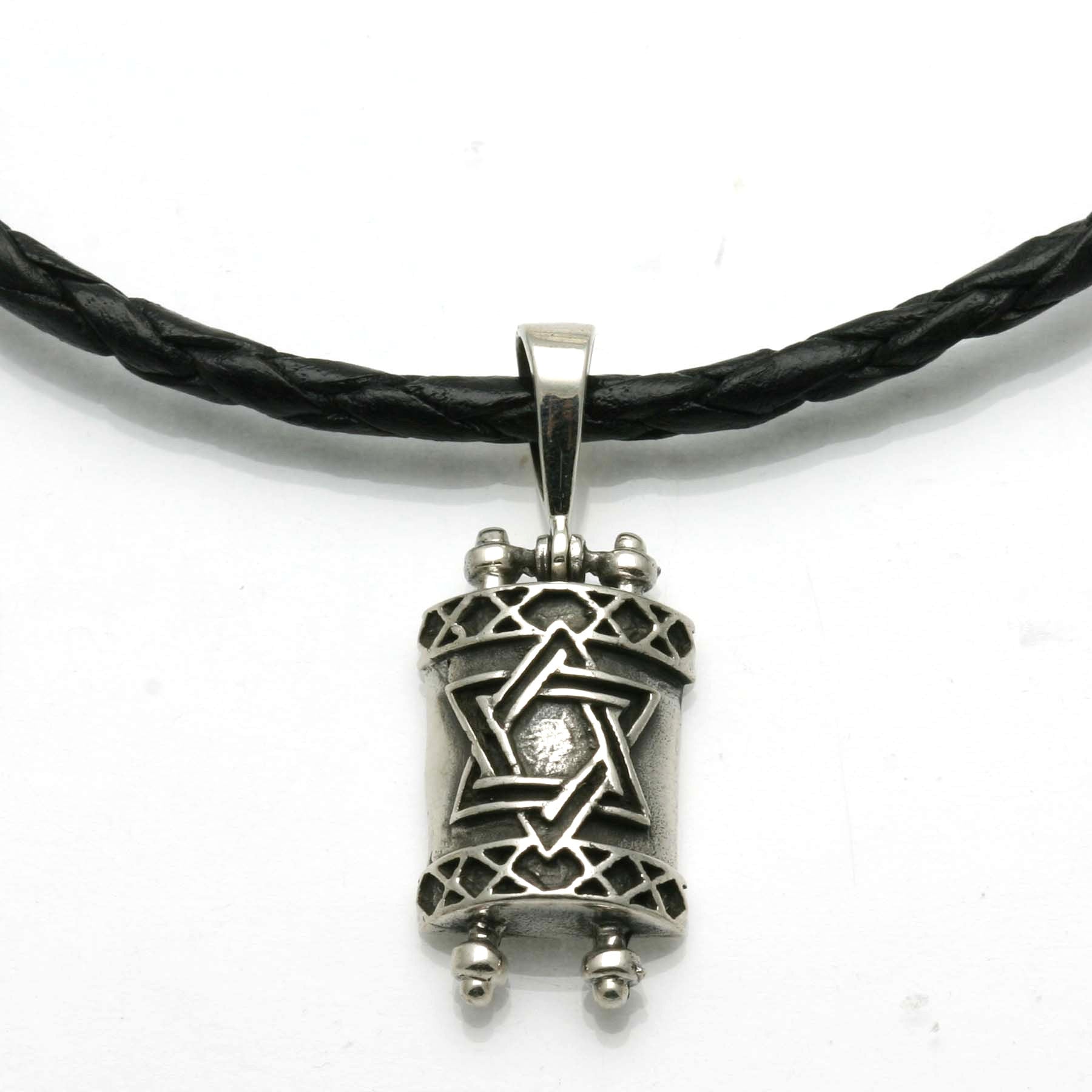 Sterling Silver Torah Star of David Black Leather Necklace - JewelryJudaica