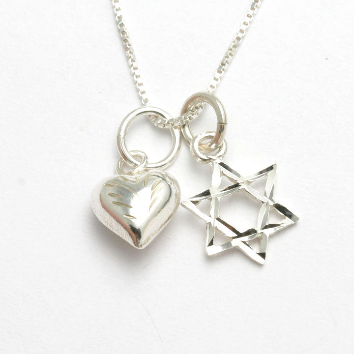 Sterling Silver Star of David Heart Charm Necklace - JewelryJudaica