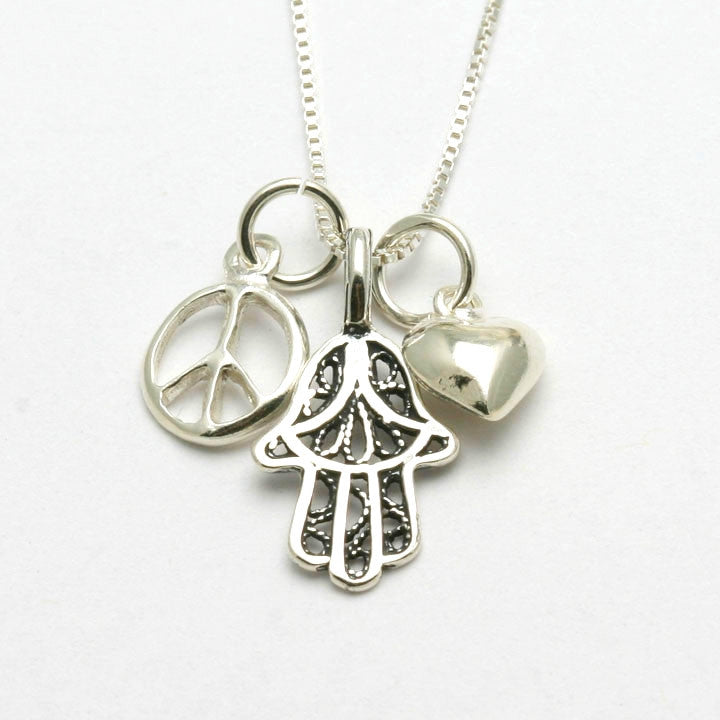 Sterling Silver Hamsa Heart Peace Sign Charm Necklace - JewelryJudaica