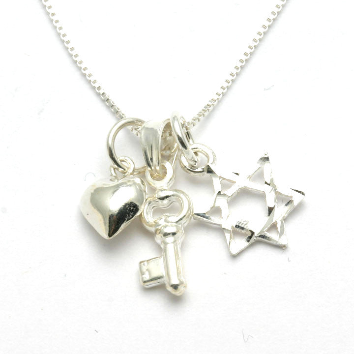 Sterling Silver Key Heart Star of David Charm Necklace - JewelryJudaica