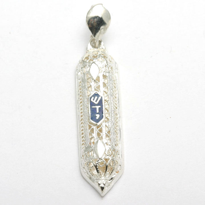 Sterling Silver Mezuzah Filigree Pendant Blue Enamel Shadai - JewelryJudaica