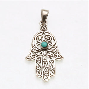 Sterling Silver Turquoise Hamsa Filigree Pendant - JewelryJudaica