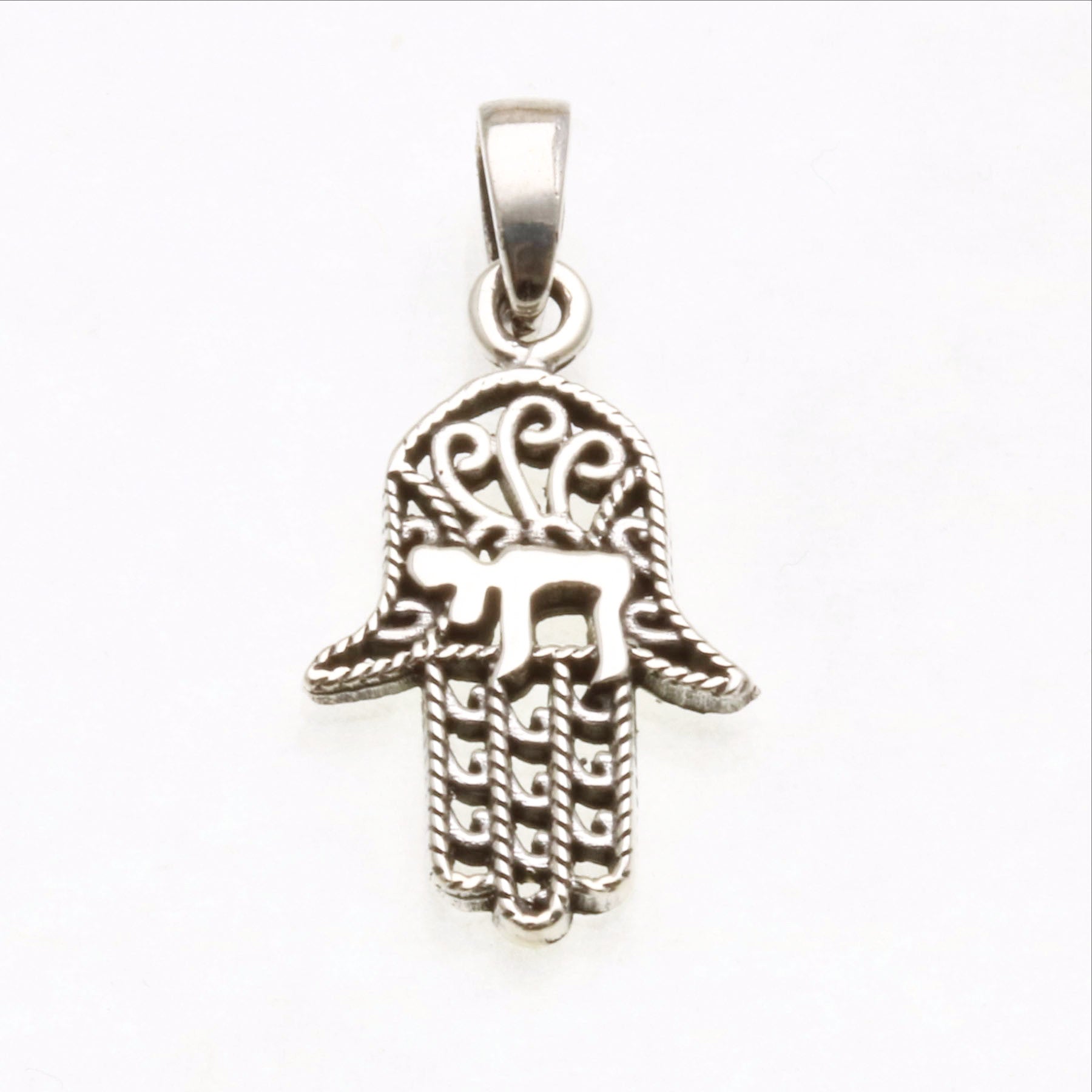 Sterling Silver Hamsa Chai Filigree Pendant - JewelryJudaica