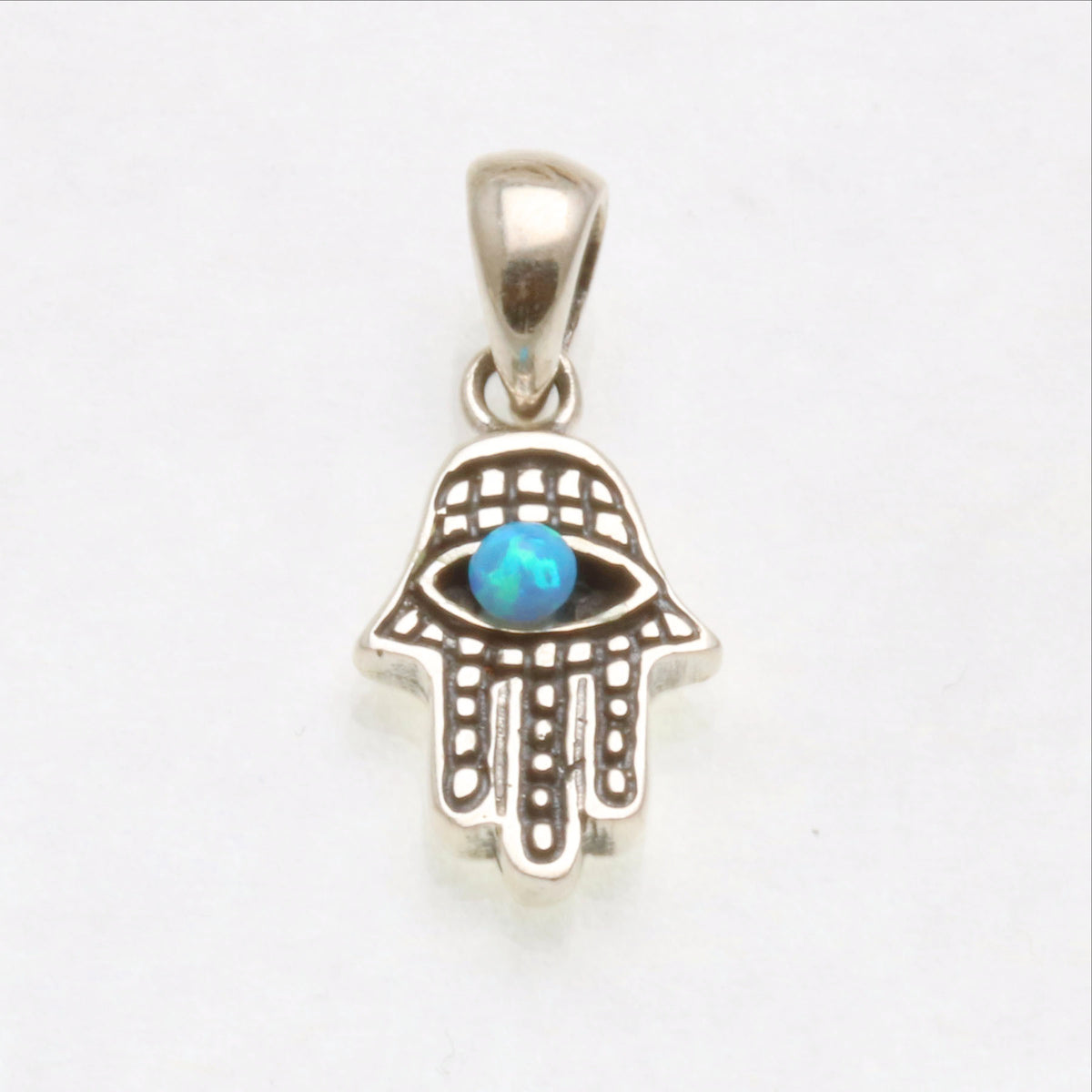 Sterling Silver Opalite Evil Eye Hamsa Pendant Oxidized Small - JewelryJudaica