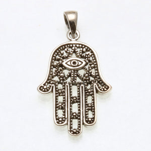 Sterling Silver Hamsa Filigree Evil Eye Oxidized Pendant - JewelryJudaica