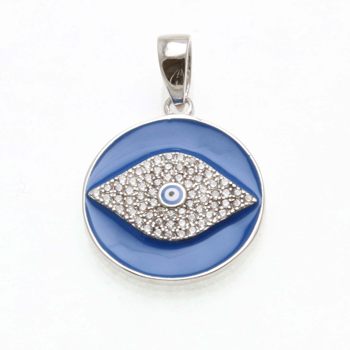 Sterling Silver Blue Enamel CZ Evil Eye Round Pendant - JewelryJudaica