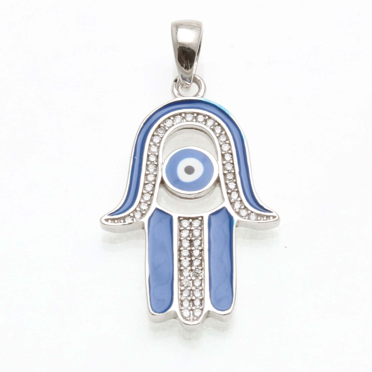 Sterling Silver Hamsa Evil Eye Blue Enamel CZ Pendant - JewelryJudaica