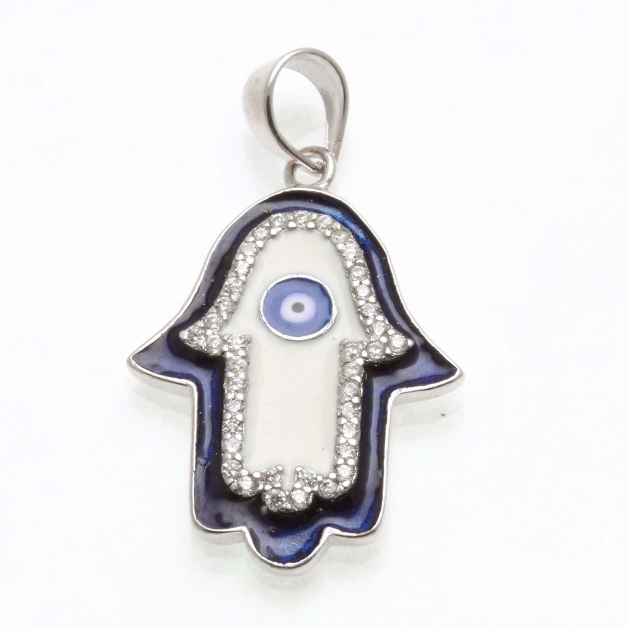 Sterling Silver Blue & White Enamel Evil Eye CZ Hamsa Hand Pendant - JewelryJudaica