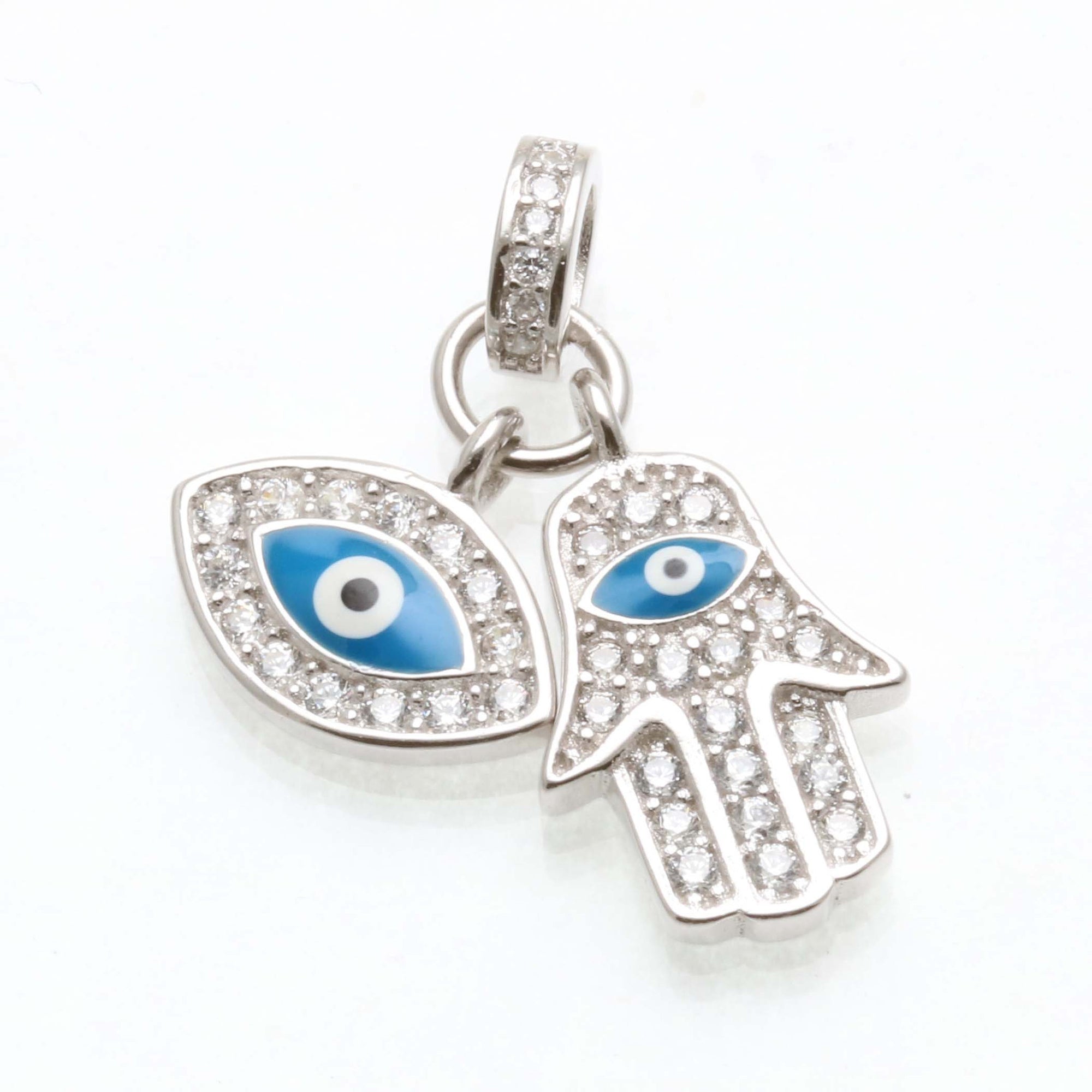 Sterling Silver Hamsa Evil Eye Cubic Zirconia Dangle Charms Pendant - JewelryJudaica