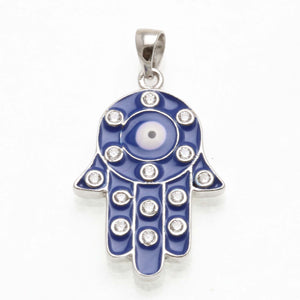 Sterling Silver Blue Enamel Evil Eye CZ Hamsa Pendant - JewelryJudaica