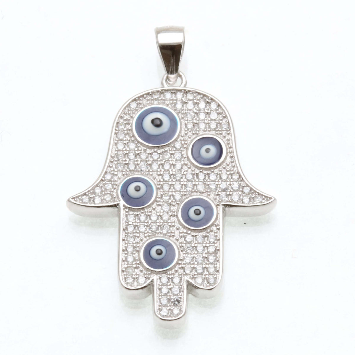 Sterling Silver Hamsa Pave CZ Evil Eye Pendant - JewelryJudaica