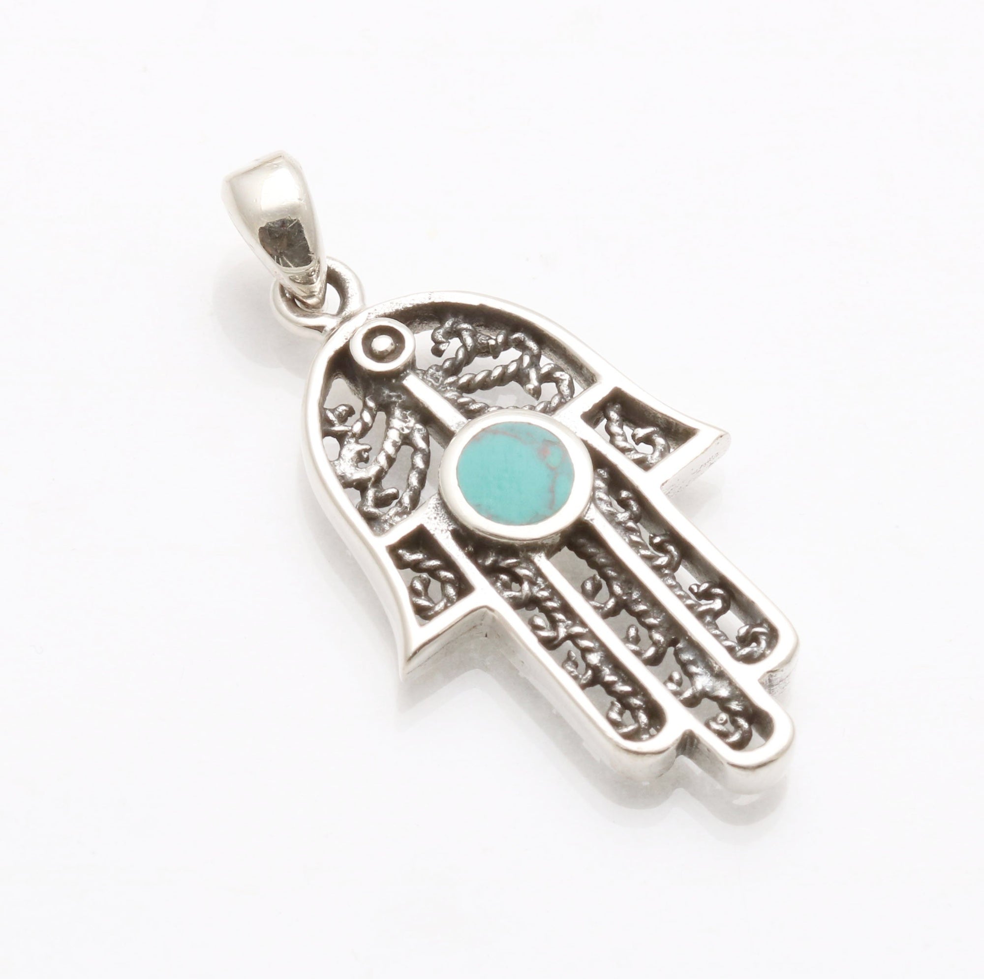 Sterling Silver Filigree Hamsa Pendant Eilat Stone Thick - JewelryJudaica