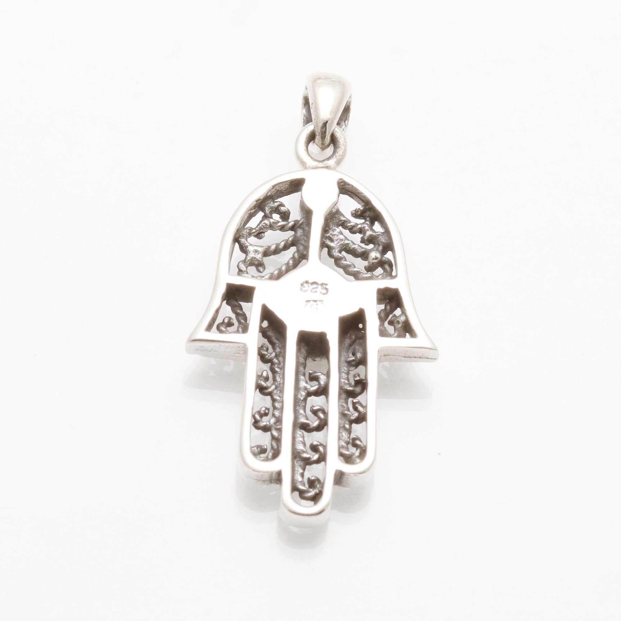 Sterling Silver Filigree Hamsa Pendant Eilat Stone Thick - JewelryJudaica