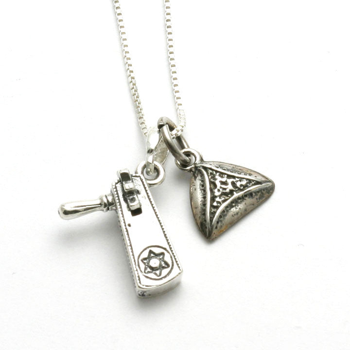 Sterling Silver Purim Charm Necklace Grogger Hamantashen - JewelryJudaica