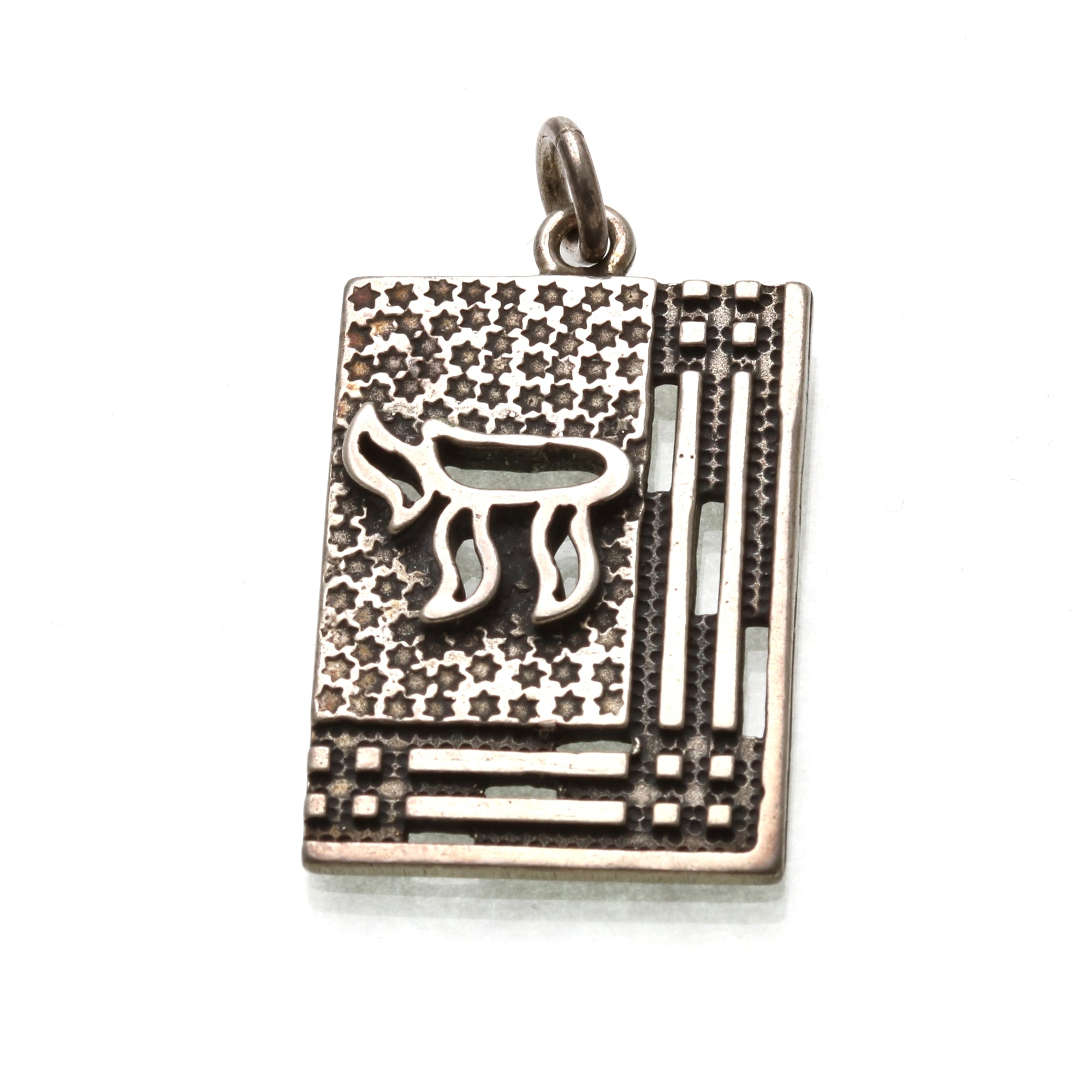 Sterling Silver Chai Rectangle Dog Tag Pendant Stars