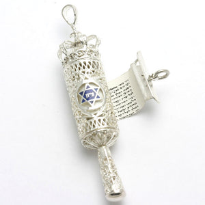 Sterling Silver Megillah Pendant Blue Enamel Star of David Zion Pendant - JewelryJudaica